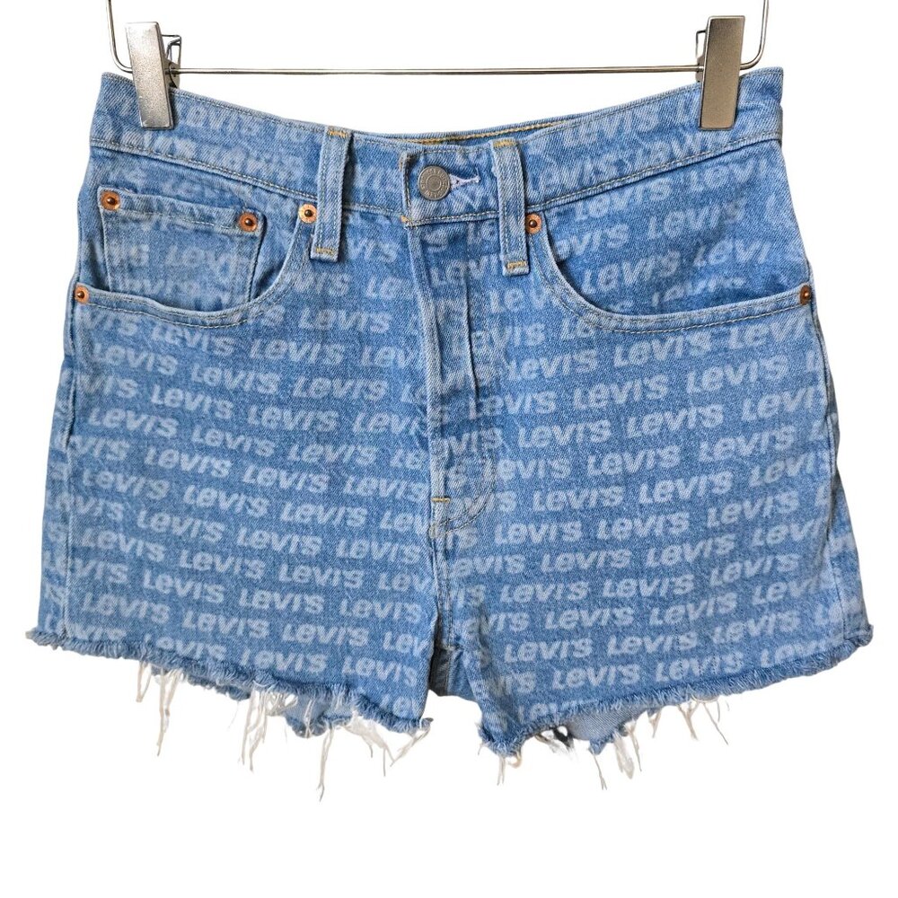 Levi's 501 Logo Print High Rise Cut Off Denim Jean Shorts